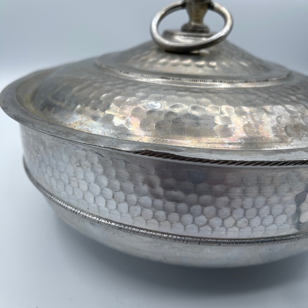 Vintage Hammered Aluminum Lidded Serving Bowl B-60X Made in Italy Ring Handles